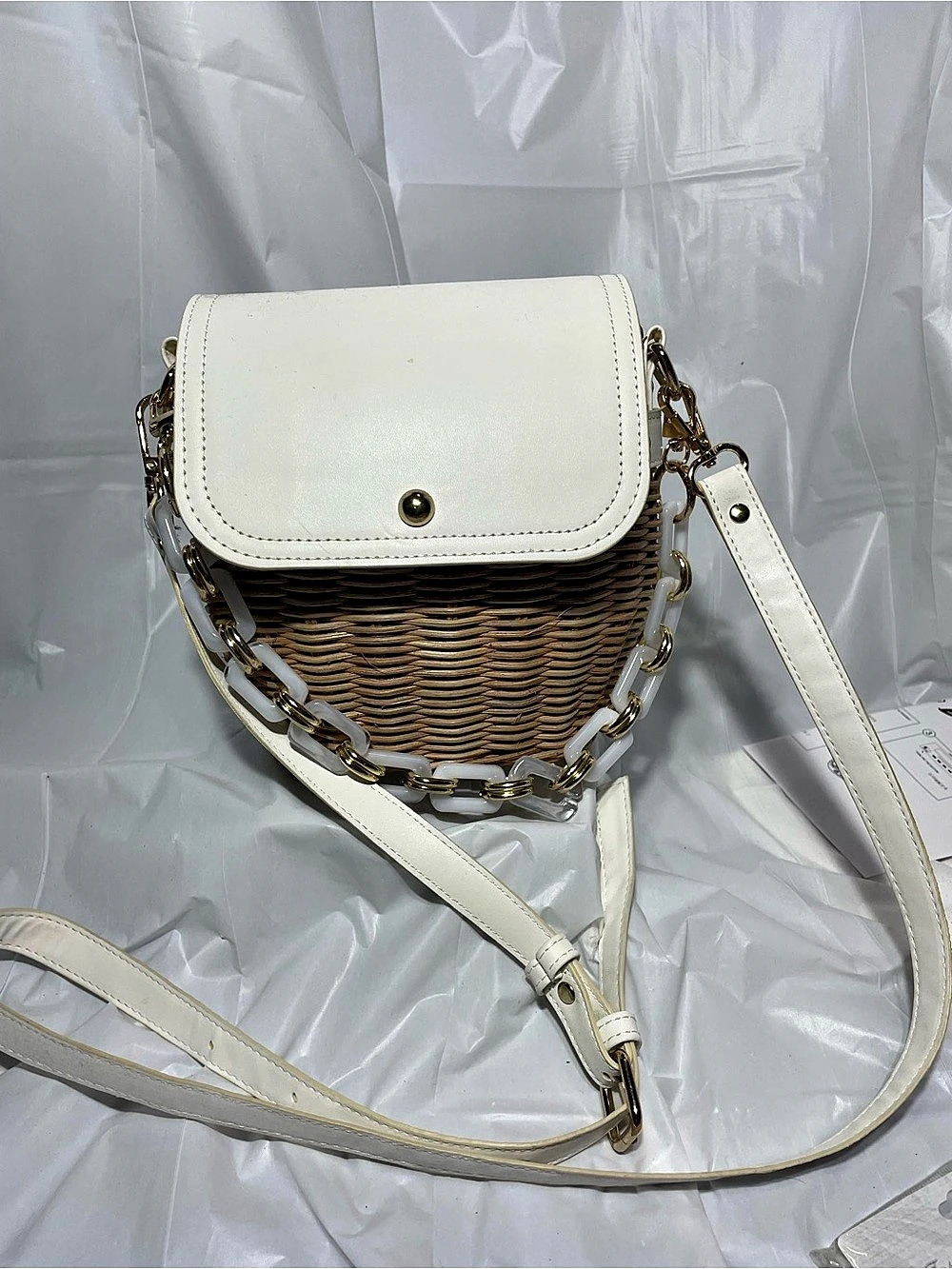 Woven Crossbody Bag in White & Brown